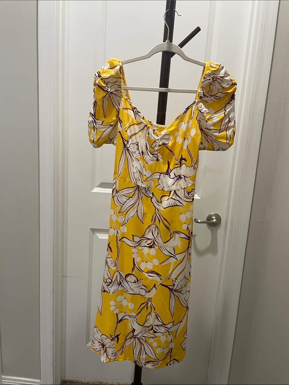 Yellow Floral Midi Dress with Puff Sleeves